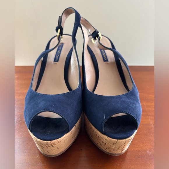Stuart Weitzman Jean Suede Slingback Wedge Sandals size 8 1/2 Blue - Picture 2 of 12